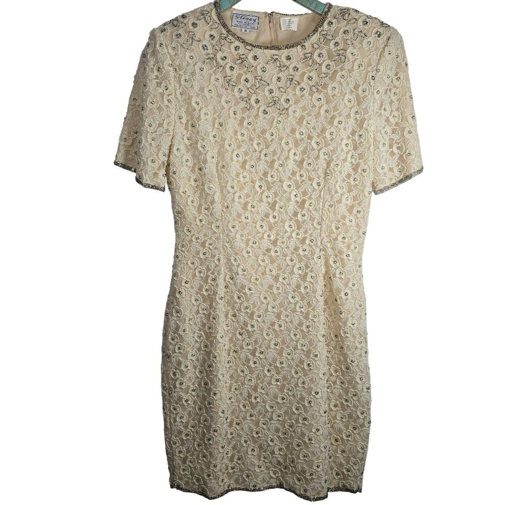 Vintage Stenay White Pearl Silver Bead Champagne Lace Mini Sheath Cocktail Dress